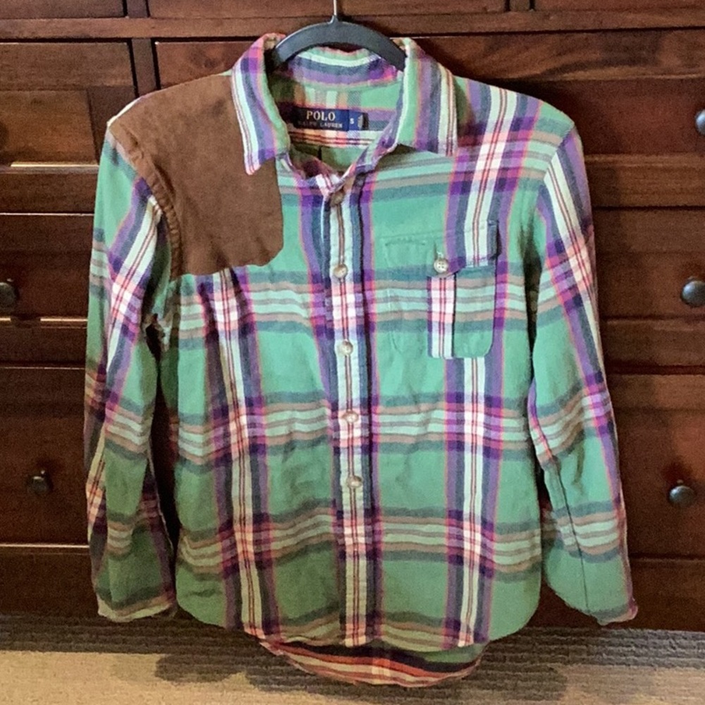 Men’s Polo by Ralph Lauren S flannel with suede shoulder patch